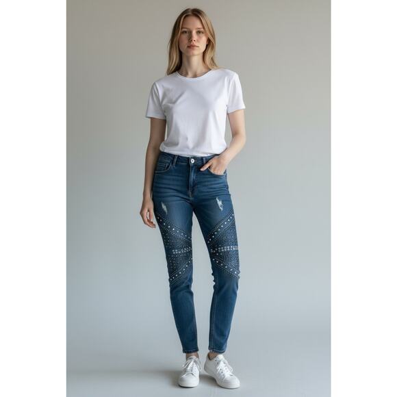 Bebe Heatbreaker Skinny Embellished Thigh Distressed Denim Blue Jeans Size 26 - Picture 1 of 7